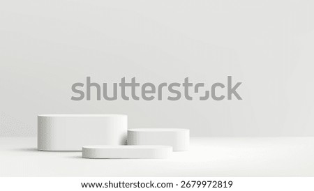 Elegant white podium with three round platforms ideal for modern product display, minimalist exhibition, creative studio setup, and professional presentation in clean interiors
