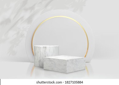 Elegant white podiums to display products with deign elements, 3d illustrations