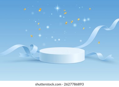 Elegant white round podium with flowing blue silk ribbons on pastel background with gold confetti and stars. Platform with delicate floating streamers and shimmering particles. Vector 3d illustration.