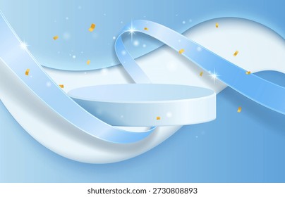 Plataforma redonda blanca elegante del podio con las cintas azules revoloteantes de la seda en un fondo pastel, con el confeti dorado flotante, las partículas brillantes, y las estrellas. Vector 3D ilustración.