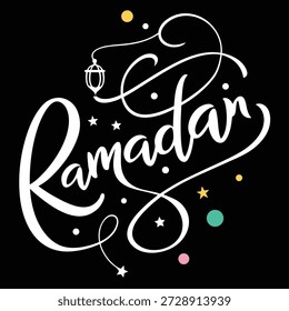 Una elegante tipografía de escritura blanca "Ramadán" se destaca sobre un fondo negro profundo, acentuado por vibrantes círculos geométricos y estrellas de oro, verde azulado y rosa.
