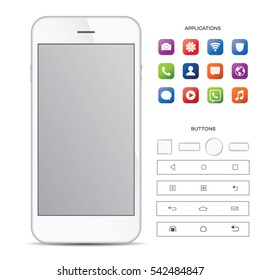 Elegante smartphone blanco con coloridos iconos de pantalla , aplicaciones. Iphon móvil blanco aislado, ilustración vectorial realista y conjuntos de botones.