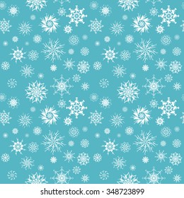 Elegant white snowflakes of various styles isolated on retro blue background. New Year and Christmas concepts. Snowfall elements. Can be used for banners, posters, greeting cards. Vector design