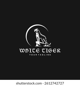 Elegant White Tiger Logo with Minimalist Black and White Design standing on a rock cliff with a crescent moon background