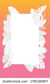 Elegant white tropical leaves with yellow and pink gradient  background for vertical colourful poster