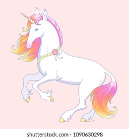 Elegant white unicorn stands on hind legs. Unicorn has pink mane and blue eyes. Cartoon character on pink background
