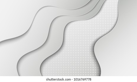 Elegant white wavy paper cut background with place for text. Modern vector backdrop with curved paper layers over dotted halftone pattern for your brochure, banner, flyer or poster design
