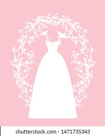 elegant white wedding dress held by pair of swallow birds among sakura blossom branches - bridal fashion vector design