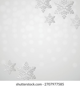 Elegante fondo blanco de invierno con copos de nieve realistas y suave efecto de luz bokeh. Perfecto para diseños de Navidades, promociones de invierno, tarjetas de felicitación, volantes y Anuncios festivos.