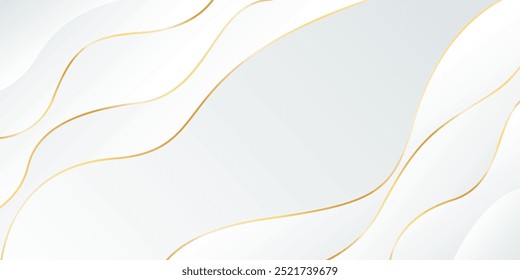 Elegante fundo de luxo branco-cinza. Papel de parede dinâmico onda abstrata com linhas de ouro. Plano de fundo do banner do modelo para vendas, negócios, anúncios, eventos, Web e páginas