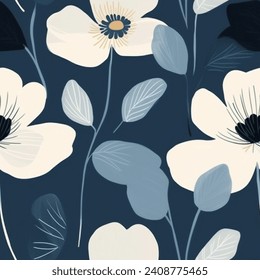 Elegant Wild Flower Abstract Watercolor Scandinavian Design Seamless Pattern Wallpaper Fabric Curtain Bedding Navy Blue Background