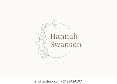 Elegant wildflower botanical line circle logo design template vector illustration. Romantic botany floral leaves monogram logotype for beauty organic cosmetics coiffure stylist hairdresser emblem