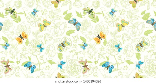 Elegant wildlife botanical peony butterfly pattern for nature and garden lovers . Scattered hand drawn butterfly, pastel tones on green peony plant. Seamless vector.Home decor, stationary and fashion.