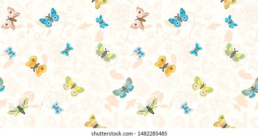 Elegant wildlife botanical peony butterfly pattern for nature and garden lovers . Scattered hand drawn butterfly, pastel tones on pink peony plant. Seamless vector.Home decor, stationary and fashion.
