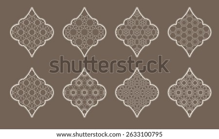 Elegant window shapes inspired by Islamic architecture are displayed. Each design features intricate geometric patterns, highlighting the beauty and craftsmanship of traditional artistry.