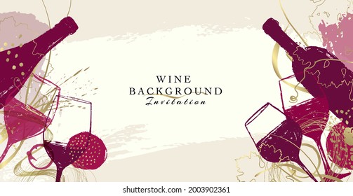 Elegant wine background design. Modern illustration wine glass and bottle with golden details. Elegant background for events, promotions, parties, anniversaries. Vector