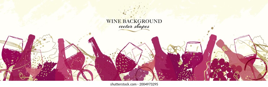 Elegant wine background design. Wide banner with illustration of wine bottles and glasses and golden details. Elegant background for promotion of parties, events, wine presentation, Christmas. Vector