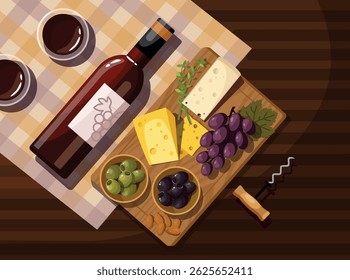 Elegant wine bottle and cutting board arrangement featuring cheeses, nuts, olives and fresh grapes on the table. The concept of wine tasting. Top View.