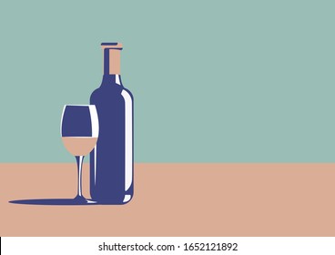 Elegant wine bottle and wine glass in minimal art deco style with copy space nearby