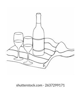 Elegant wine bottle and glasses arrangement black and white outline illustration
