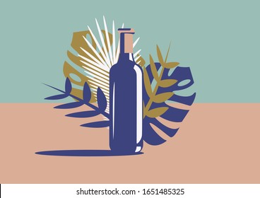 Elegant wine bottle and gold and blue leaves in minimal art deco style