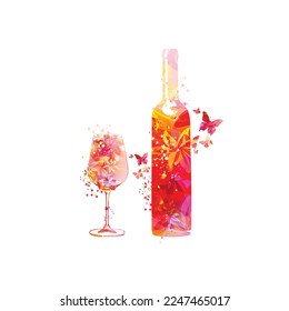 Elegant wine glass and bottle with flowers. Floral aroma wine in goblet. Colorful stemware with alcoholic beverage for celebrations and special occasions. Degustation events. Wine making and bottling.