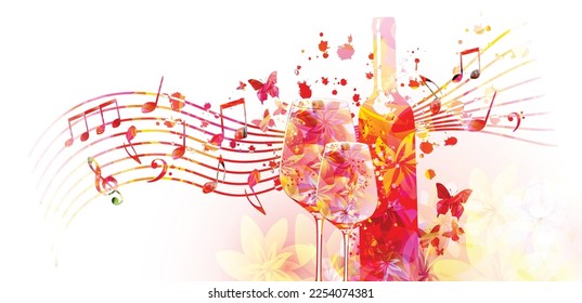 Elegant wine glass and bottle with flowers and musical notes. Floral aroma wine vector illustration. Colorful alcoholic beverage for celebrations, special occasions and degustation events. Wine making