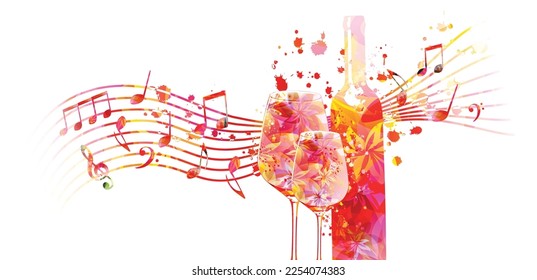 Elegante copa de vino y botella con flores y notas musicales. Ilustración vectorial del aroma floral. Bebida colorida con alcohol para celebraciones, ocasiones especiales y eventos de deguestación. Fabricación de vino