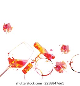 Elegant wine glass, corkscrew and grapevine leaves. Floral aroma wine in goblet. Alcoholic beverage for celebrations and special occasions. Degustation events. Wine making. Vector illustration.