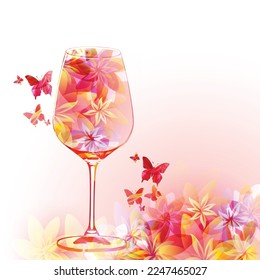 Elegant wine glass with flowers. Floral aroma wine in goblet. Colorful stemware with alcoholic beverage for celebrations. Floral wine flavour in glassware for special occasions. Degustation events.