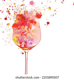 Elegant wine glass with flowers. Floral aroma wine in goblet. Colorful stemware with alcoholic beverage for celebrations, special occasions, fairs and degustation events. Vector illustration