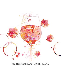 Vidrio elegante con hojas de vid. Vino de aroma floral en goblet. Vajilla colorida con bebida alcohólica para celebraciones, ocasiones especiales, ferias y eventos de degustación. Ilustración del vector