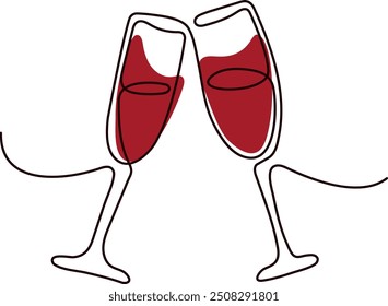 Elegant Wine Glasses Clinking in Minimalist Line Art Illustration