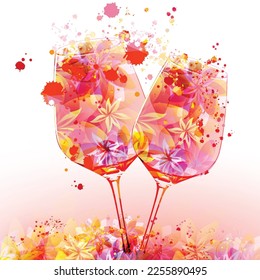 Elegant wine glasses with flowers. Floral aroma wine in goblet. Colorful stemware with alcoholic beverage for celebrations, special occasions, fairs and degustation events. Vector illustration