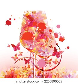 Elegant wine glasses with flowers. Floral aroma wine in goblet. Colorful stemware with alcoholic beverage for celebrations, special occasions, fairs and degustation events. Vector illustration