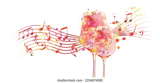 Elegant wine glasses with flowers and musical notes. Floral aroma wine in goblet. Colorful stemware with alcoholic beverage for celebrations, special occasions and degustation events. Vector
