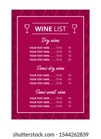 Elegant wine list template with glasses. Vector illustration with sample text. Usable for restaurant, wine tasting, bar, cafe. Standard scaled size (8,5*14 in)