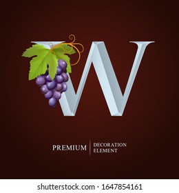 Elegant Wine Logo. Monogram Letter W. Royal silver letter A with Grapes, Leaf and Curl. Calligraphic graceful template art logotype. Design emblem for Wine, Menu, Restaurant, Label, Royalty, Initial.