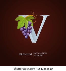 Elegant Wine Logo. Monogram Letter V. Royal capital letter is surrounded Grapes, Leaf and Curl. Calligraphic emblem design or identity for Wine, Menu, Restaurant, Label, Business card, Cafe, Royalty.