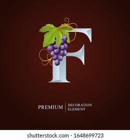 Elegant Wine Logo. Monogram Letter F. Royal capital letter is surrounded Grapes, Leaf and Curl. Calligraphic emblem design or identity for Wine, Menu, Restaurant, Label, Business card, Cafe, Royalty.