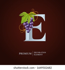 Elegant Wine Logo. Monogram Letter E. Royal capital letter is surrounded Grapes, Leaf and Curl. Calligraphic emblem design or identity for Wine, Menu, Restaurant, Label, Business card, Cafe, Royalty.
