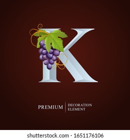 Elegant Wine Logo. Monogram Letter K. Royal silver letter K with Grapes, Leaf and Curl. Calligraphic graceful template art logotype. Design emblem for Wine, Menu, Restaurant, Label, Royalty, Initial.