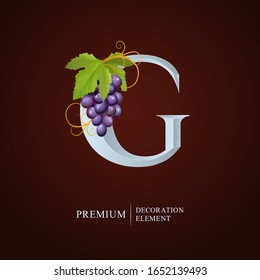 Elegant Wine Logo. Monogram Letter G. Royal capital letter is surrounded Grapes, Leaf and Curl. Calligraphic emblem design or identity for Wine, Menu, Restaurant, Label, Business card, Cafe, Royalty.