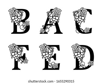 Elegantes Weinlogo. Monogramm Buchstaben B, A, C, D, E, F. Kalligrafische Vorlagenlogotype oder Insignien für Lebensmittel und Getränke. Design-Emblem für Weinkeller, Weinberg, Weinladen, Weinliste, Restaurant, Label.