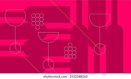 Elegante cartel de vinos con botellas de arte de línea y vasos con uvas sobre un fondo rosa, perfecto para eventos y Materiales promocionales de bodega de lujo.