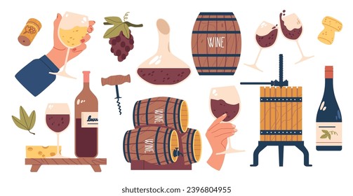 Elegant Wine Set Featuring A Polished Decanter And Matching Wineglasses, Cork, Wooden Barrels, Masher, Beaker