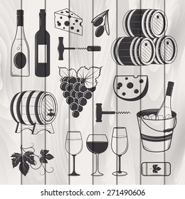 Elegant wine set of vintage elements isolated on wood background. Vector illustration for your design