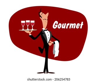 Elegant wine steward or waiter holding a tray with glasses of red wine and the word - Gourmet