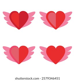 Elegant winged heart vector set in red and pink