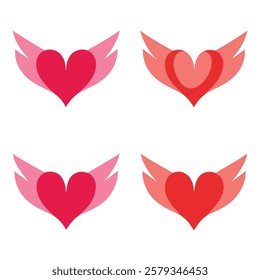 Elegant winged heart vector set in red and pink